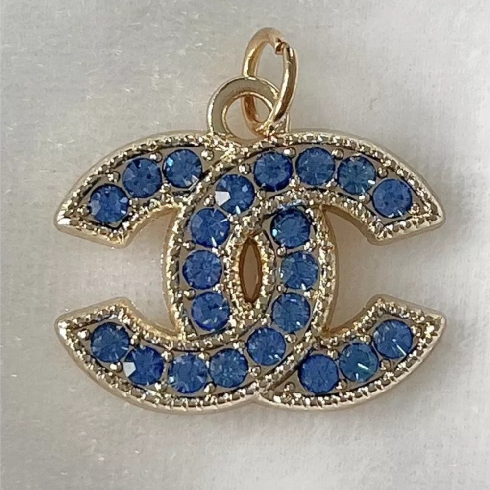 CHANEL Gold Zipper Pull Pendant, Rhinestones, Blue , Gold, 22mm, Stamped